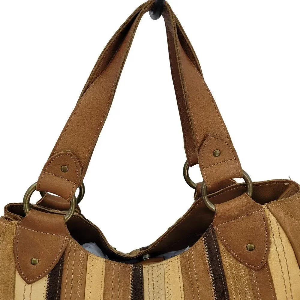 Vintage Fossil Hobo Leather Patchwork Studded‎ Embroidered Shoulder Bag Brown